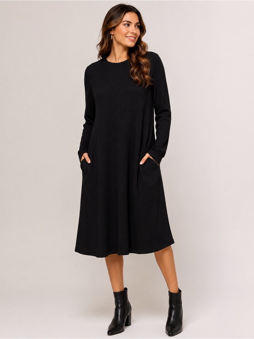 Black Ribbed Knit Dress with Pockets Long Sleeve Midi Size Medium & Large